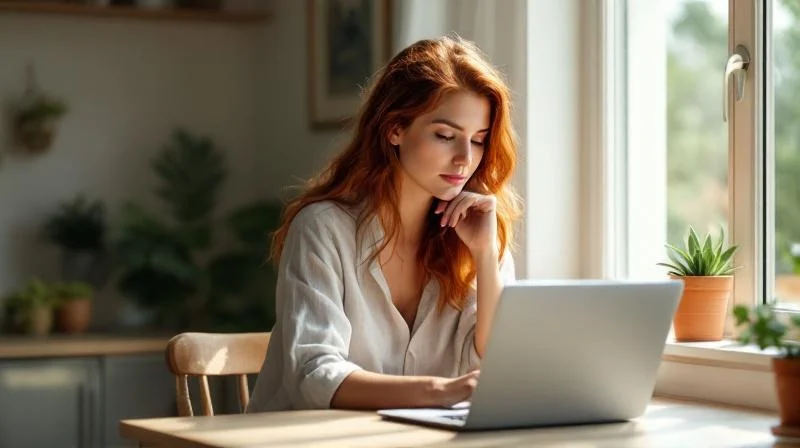 Frau sitzt in einer hellen Freiburger Wohnung am Laptop und informiert sich über Weiterbildung