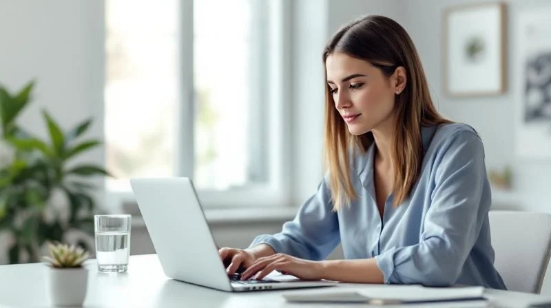 Frau arbeitet konzentriert am Laptop in einem modernen Büro in Freiburg